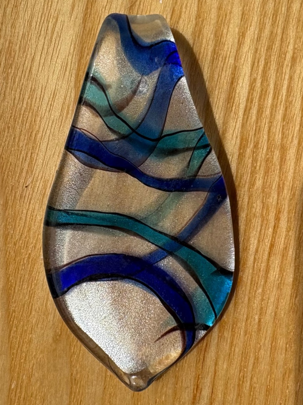 Ocean Coastal Blue Teal Fused Art Glass Teardrop Pendant Jewelry